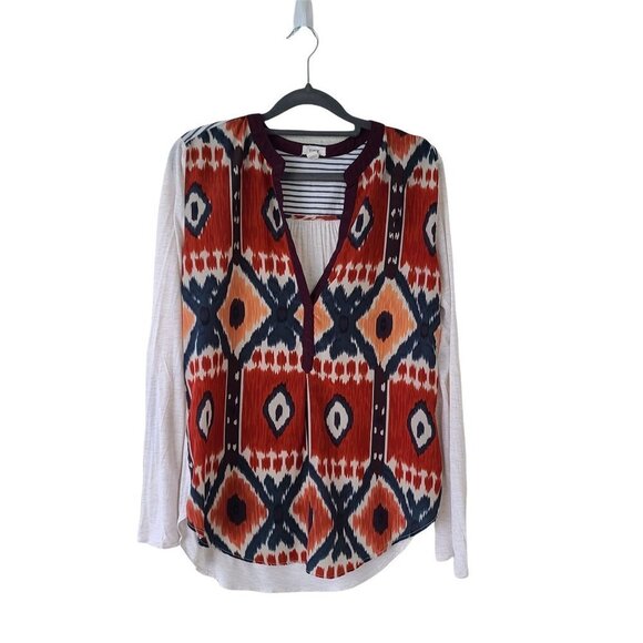 Tiny Anthropologie Sima Aztec Print Long Sleeve Top Mixed Media Tab Sleeves Med - Picture 2 of 12